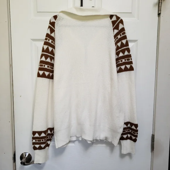 LOFT Cream Brown Southwestern Ribbed Pull Over 1/2 Zip Sweater - Picture 4 of 5